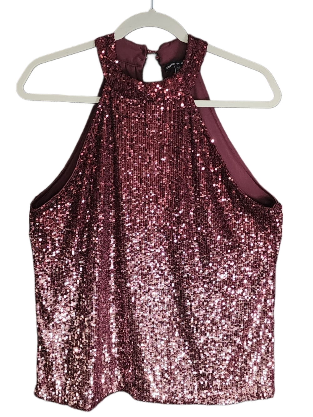 Cable & Gauge Burgundy Sequin Halter Top Sleeveless Party Blouse Women L